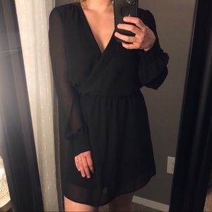 Black Cinched Waist Long Sleeve Dress